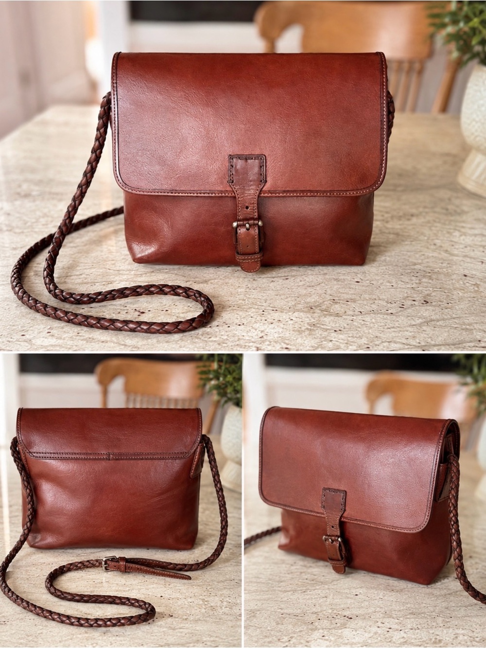 RARE Vintage Cole Haan Brown Leather Braided Strap Crossbody Bag